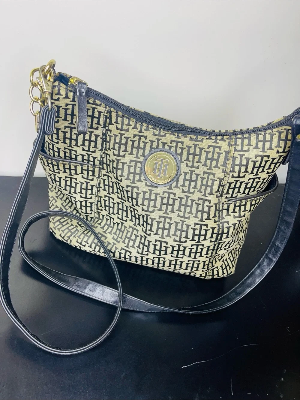 Tommy Hilfiger | Beige and Black Signature Monogram Jacquard Hobo